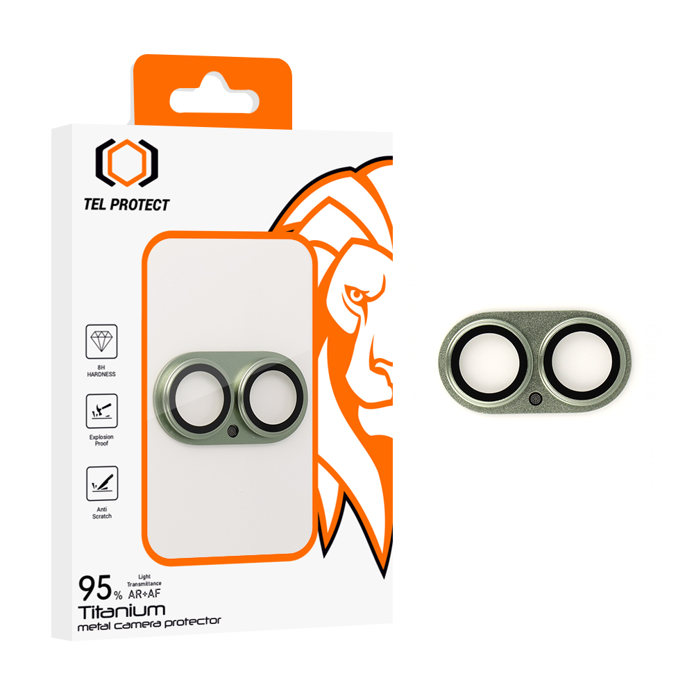 Tempered klaas Tel Protect 95% AR+AF Full Metal kaamera kaitse on camera for Iphone 17 roheline (camera island)