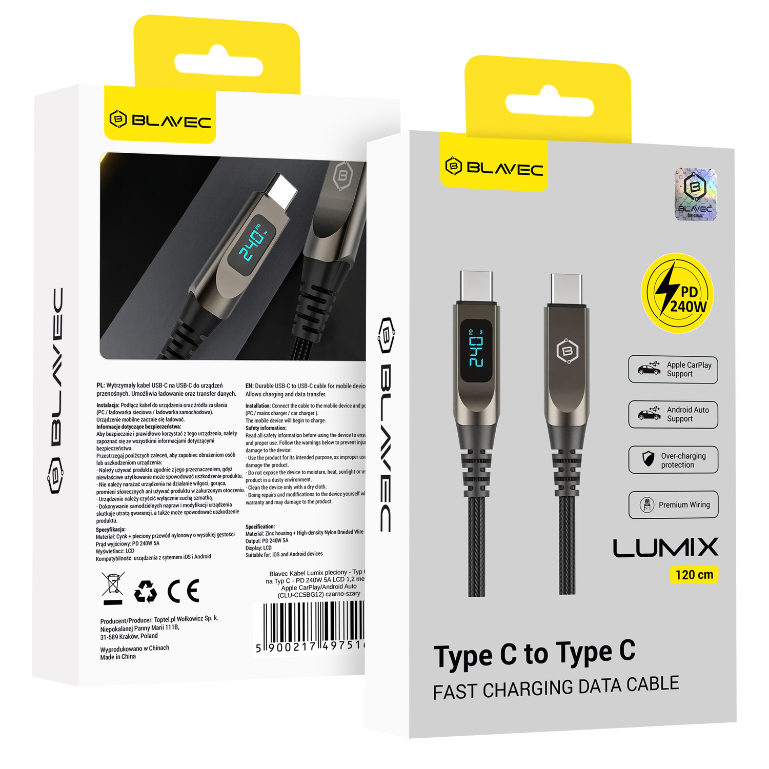 Blavec Kabel Lumix pleciony - Typ C na Typ C - PD 240W 5A LED display 1,2 metra Apple CarPlay/Android Auto (CLU-CC5BG12) czarno-szary