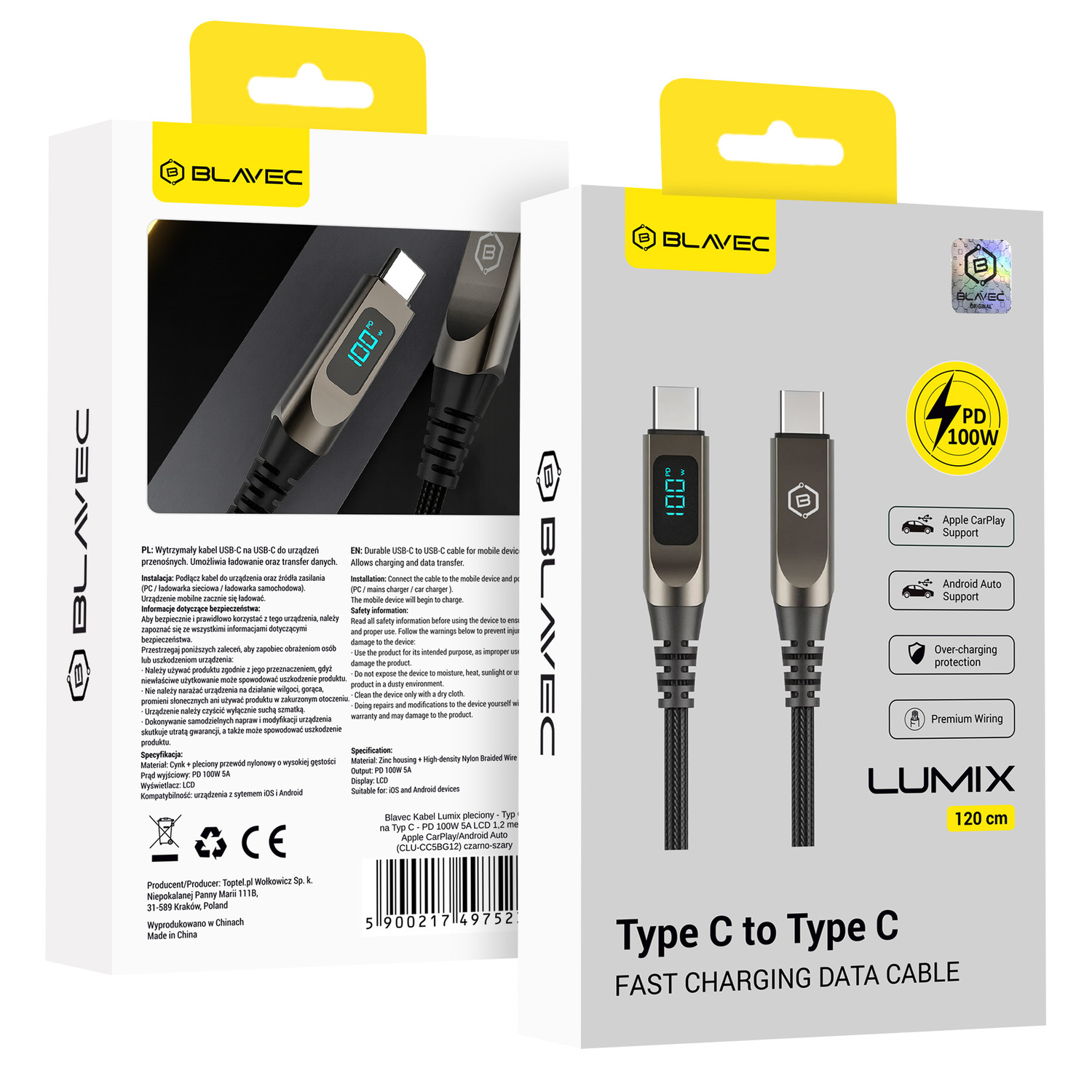 Blavec Kabel Lumix pleciony - Typ C na Typ C - PD 100W 5A LED display 1,2 metra Apple CarPlay/Android Auto (CLU-CC5BG12) czarno-szary