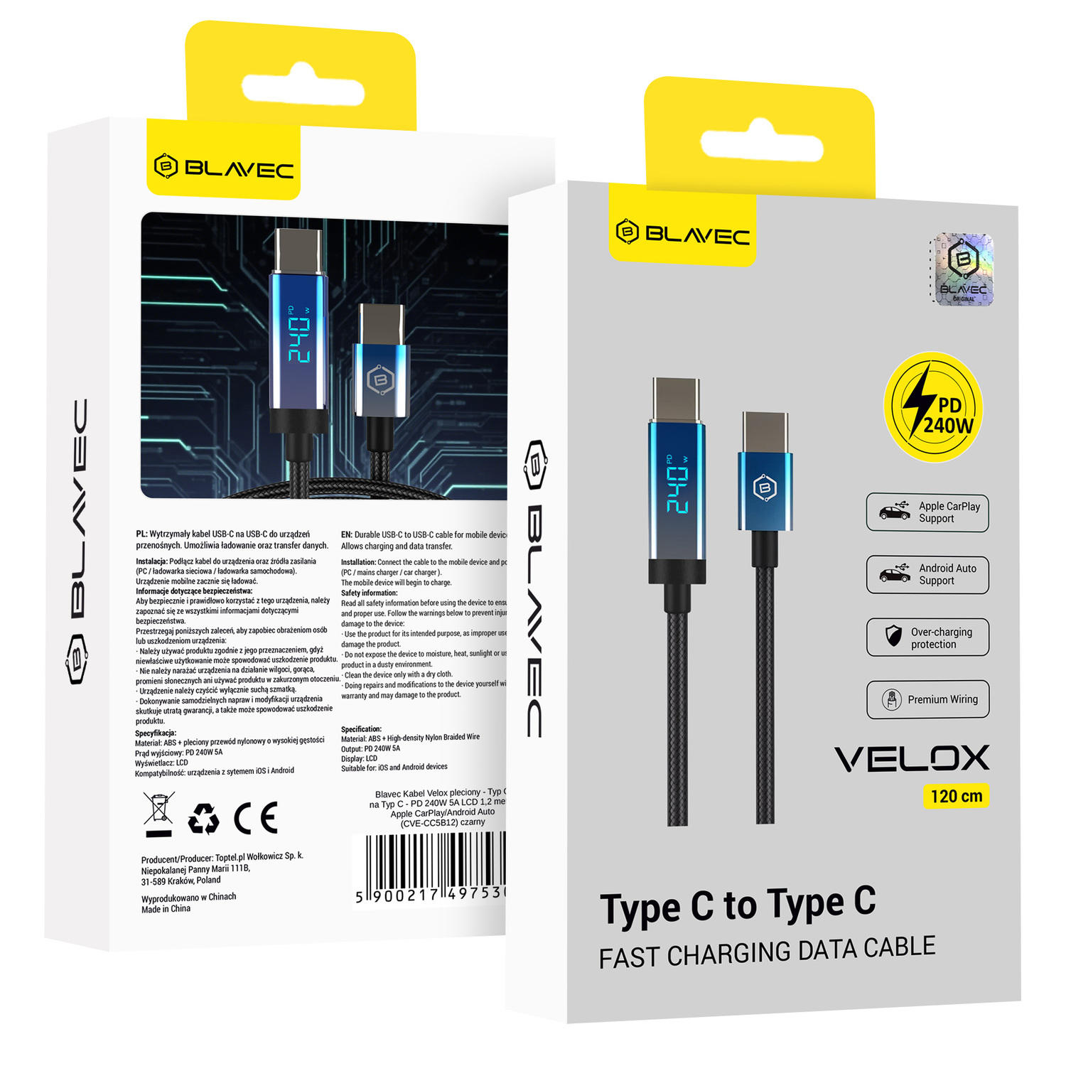 Blavec Kabel Velox pleciony - Typ C na Typ C - PD 240W 5A LED display 1,2 metra Apple CarPlay/Android Auto (CVE-CC5B12) black