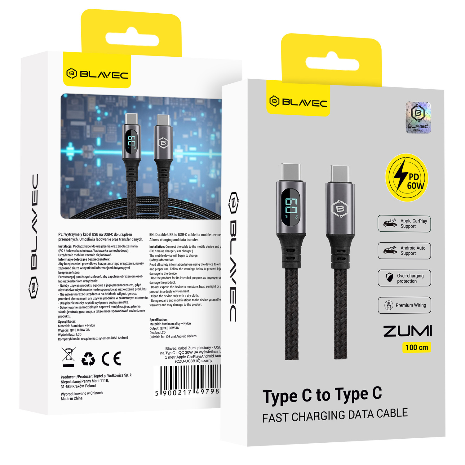 Blavec Zumi punutud kaabel Type C - Type C PD 60W 3A LCD-ekraaniga 1m Apple CarPlay/Android Auto must