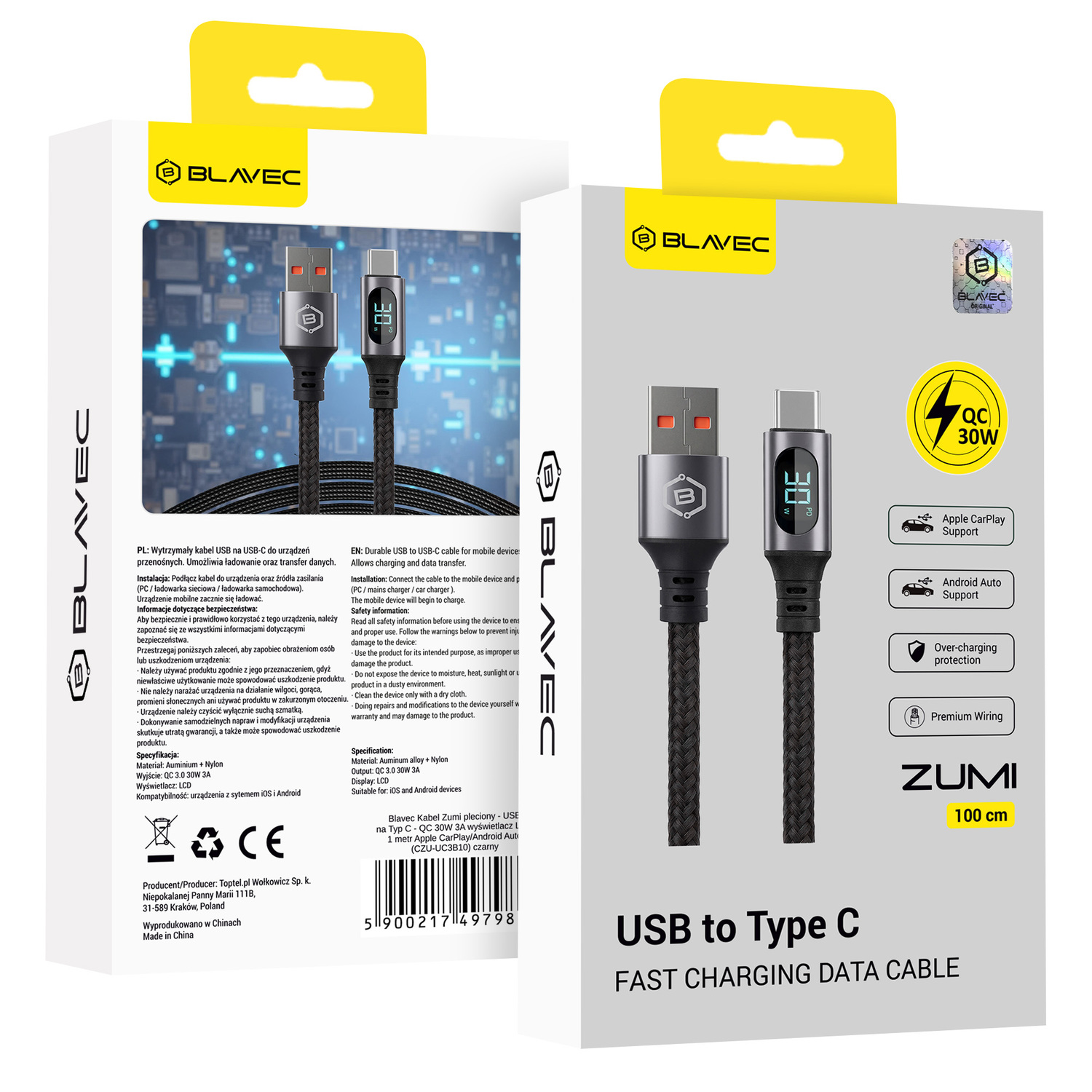 Blavec Zumi punutud kaabel USB - Type C QC 30W 3A LCD-ekraaniga 1m Apple CarPlay/Android Auto must