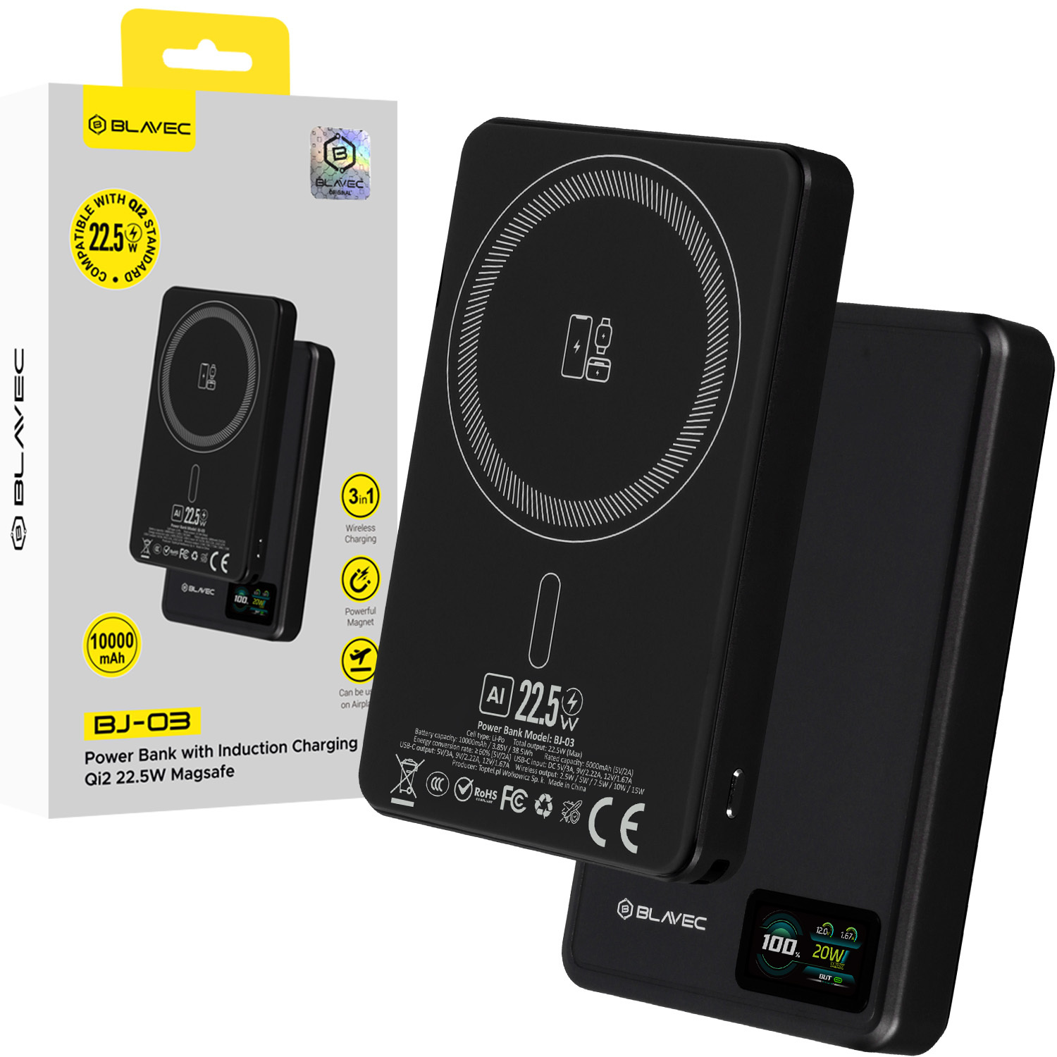 Blavec akupank 10000mAh BJ-03 Slim 13,5mm - Type C - 22,5W magnetiline Magsafe 3 in 1 (PBBJ03-MC10B) must alumiinium