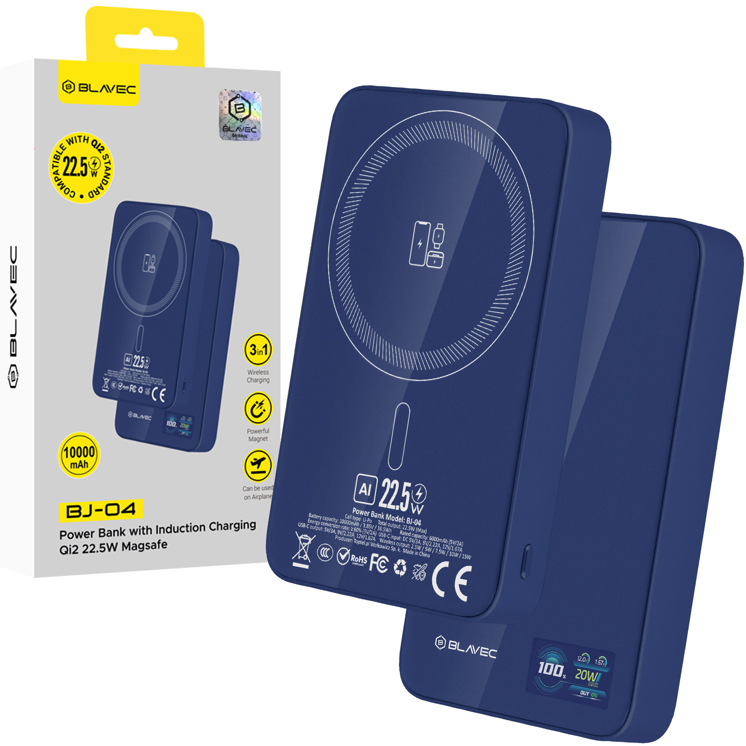 Blavec akupank 10000mAh BJ-04 Slim 13,5mm - Type C - 22,5W magnetiline Magsafe 3 in 1 (PBBJ04-MC10N) tumesinine klaas