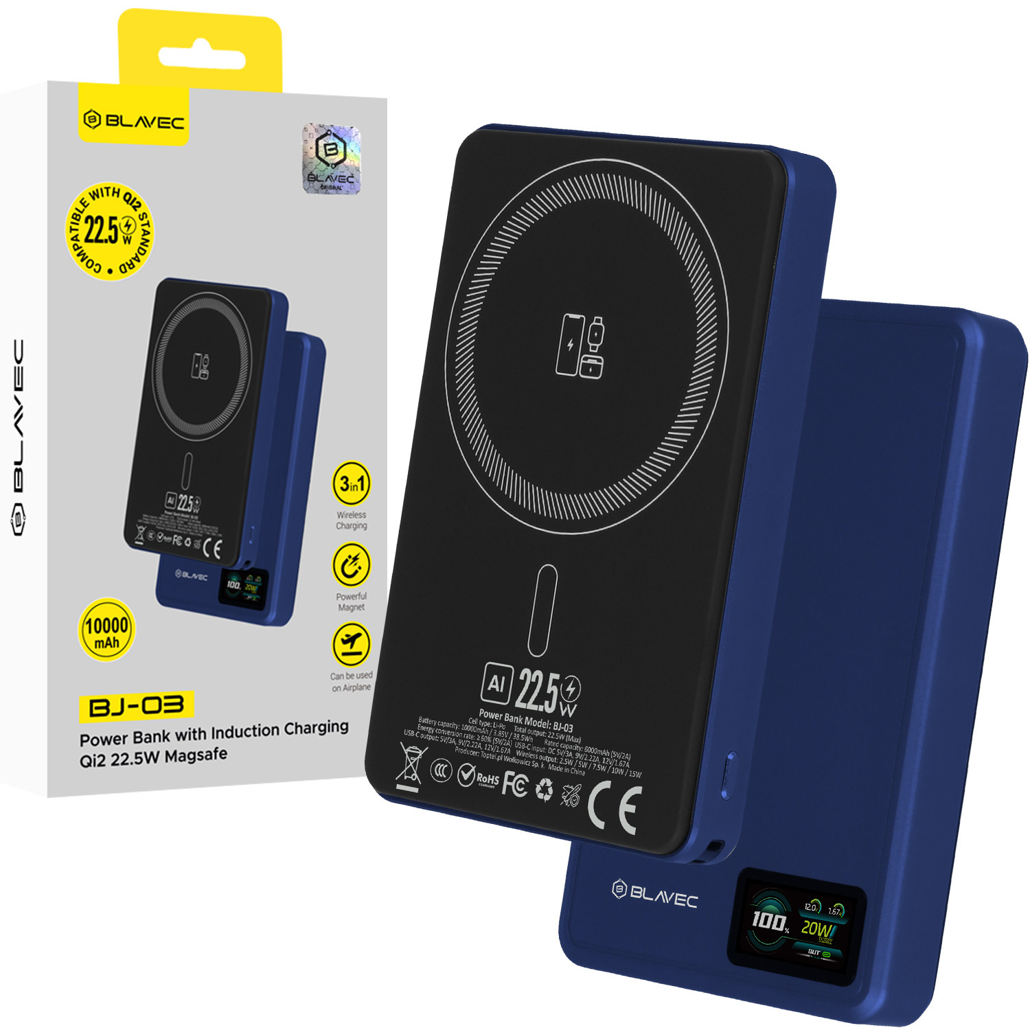 Blavec akupank 10000mAh BJ-03 Slim 13,5mm - Type C - 22,5W magnetiline Magsafe 3 in 1 (PBBJ03-MC10N) tumesinine alumiinium