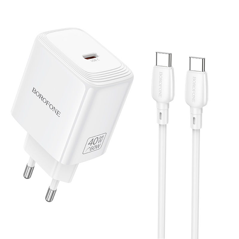 Borofone BN33 Fuente GaN USB-C võrgulaadija QC3.0 PD 40W USB-C kaabliga valge