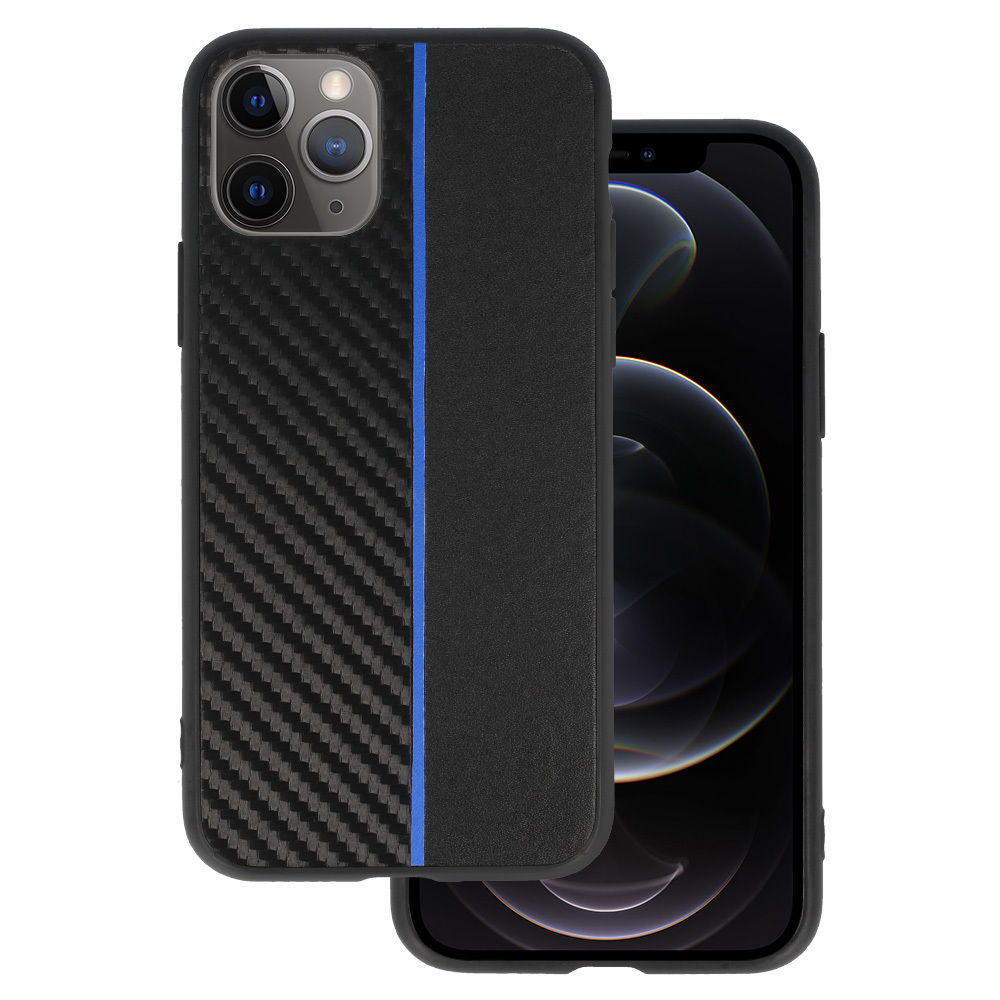 Tel Protect CARBON Ümbris jaoks Iphone 11 Pro Must with sinine stripe