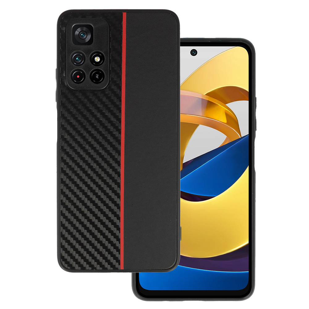Tel Protect CARBON Ümbris jaoks Xiaomi Redmi Note 11 5G/Note 11S 5G/Poco M4 Pro 5G Must with punane stripe