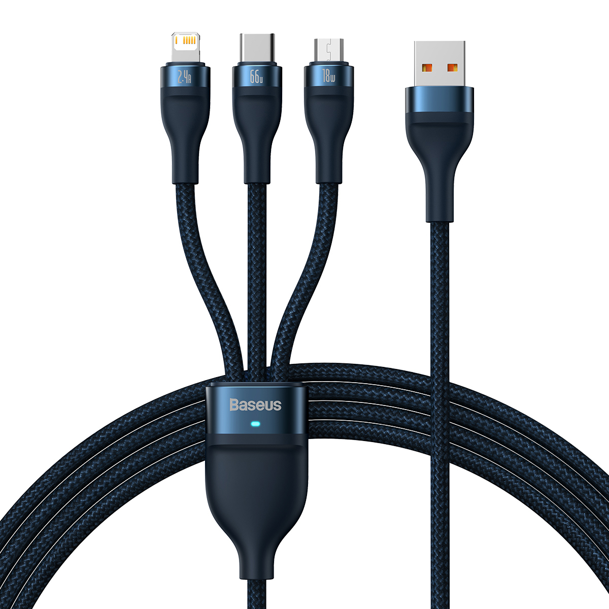 Baseus Kaabel Flash Series II 3 in 1 - USB to Type C, Lightning, Micro USB - 66W 6A 1,2 metres (CASS040003) sinine