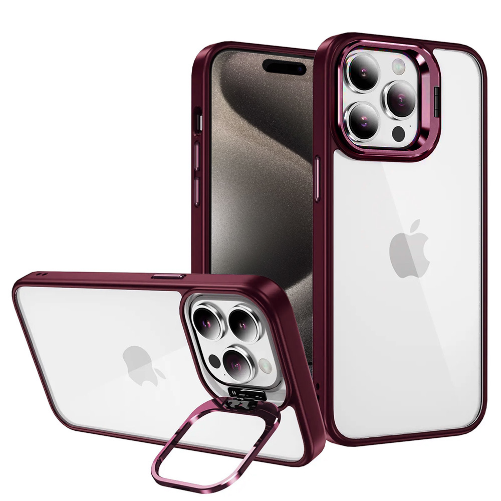 Tel Protect Kickstand Ümbris + camera glass (lens) jaoks Iphone 15 Pro burgundia