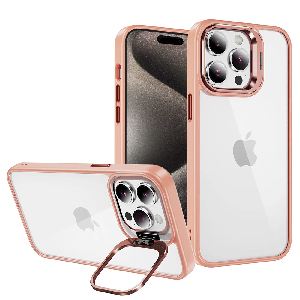 Tel Protect Kickstand Ümbris + camera glass (lens) jaoks Iphone 15 Pro light roosa