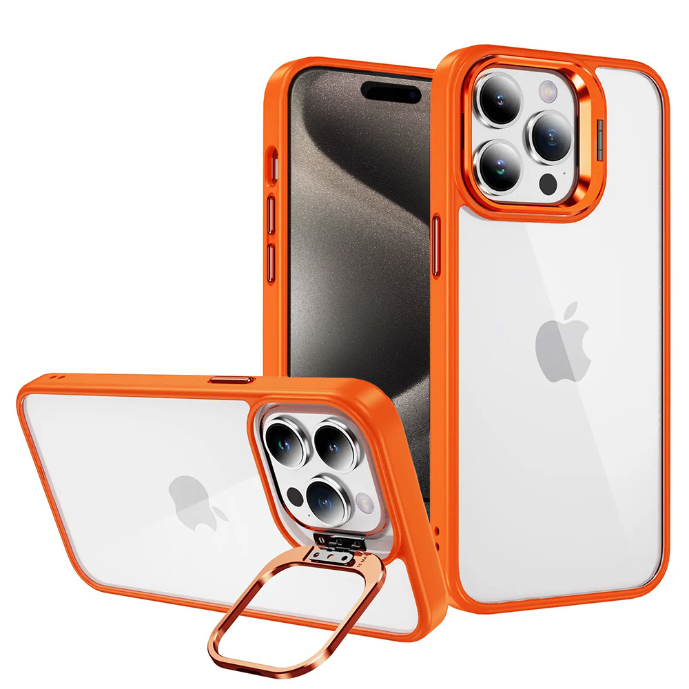 Tel Protect Kickstand Ümbris + camera glass (lens) jaoks Iphone 15 Pro oranž