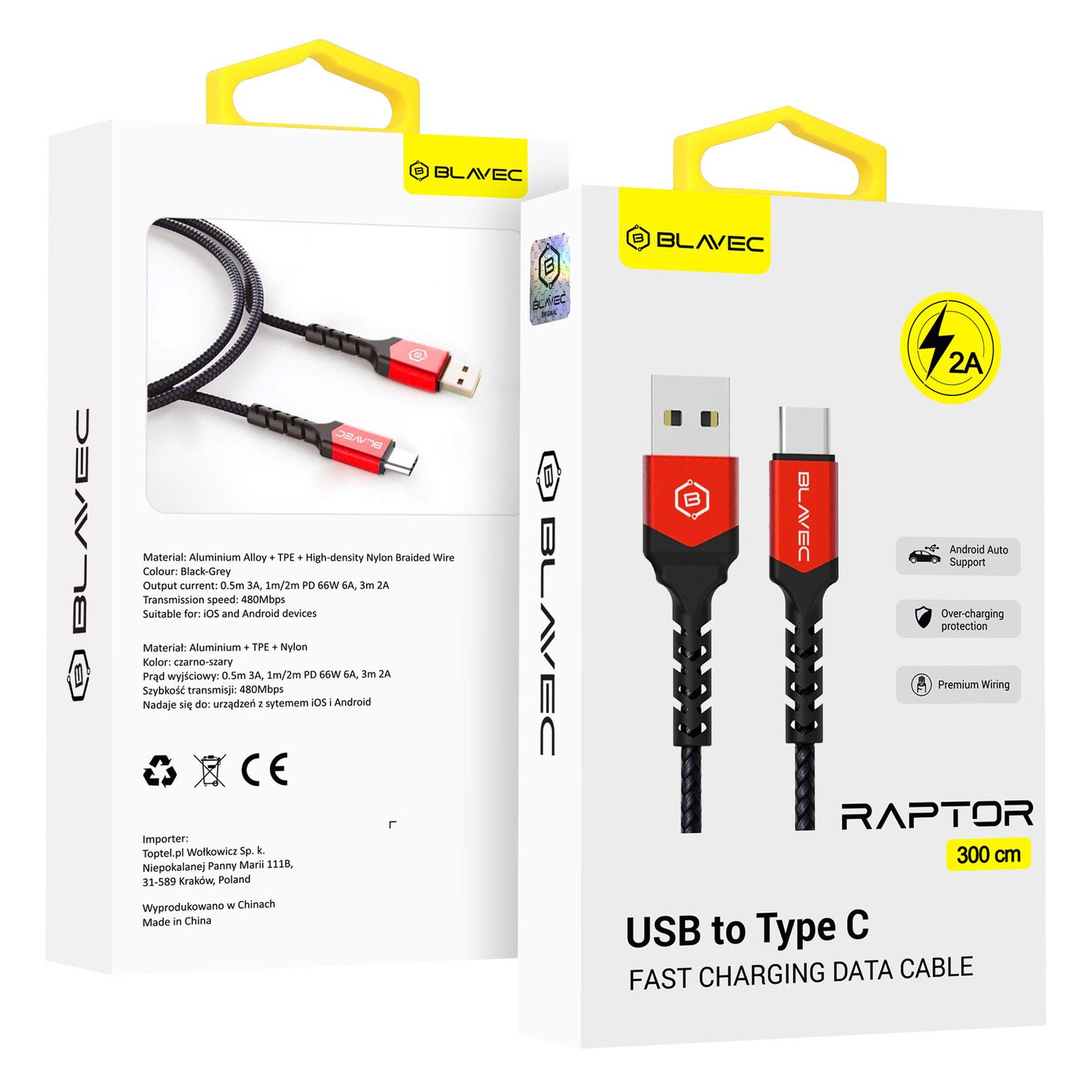 Blavec kaabel Raptor punutud - USB Type C - 2A 3 meetrit Apple CarPlay/Android Auto (CRA-UC2BR30) must-punane
