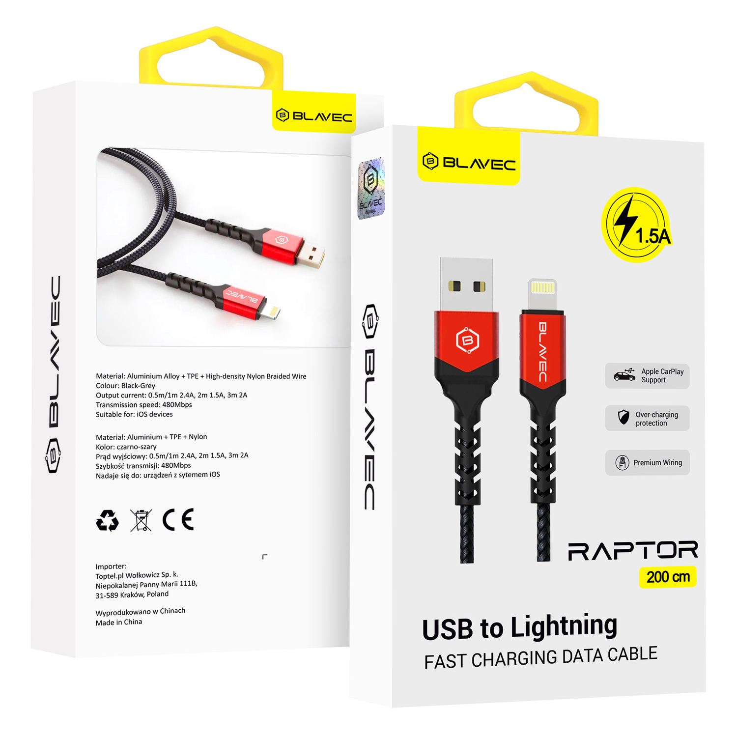 Blavec Kaabel Raptor braided - USB to Lightning - 1,5A 2 metres Apple CarPlay (CRA-UL15BR20) must-punane