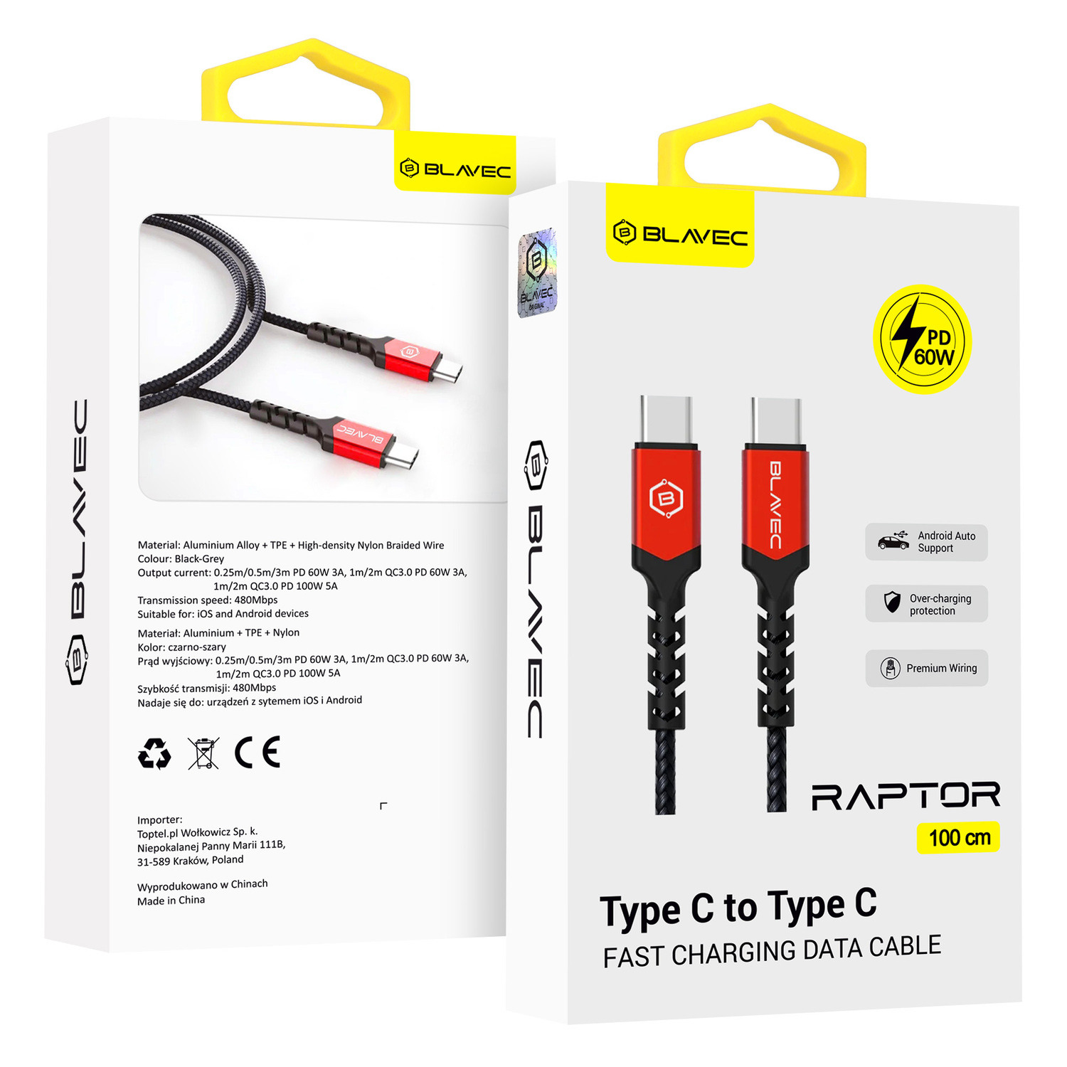 Blavec Kaabel Raptor braided - Type C to Type C - PD 60W 3A 1 metre Apple CarPlay/Android Auto (CRA-CC3BR10) must-punane