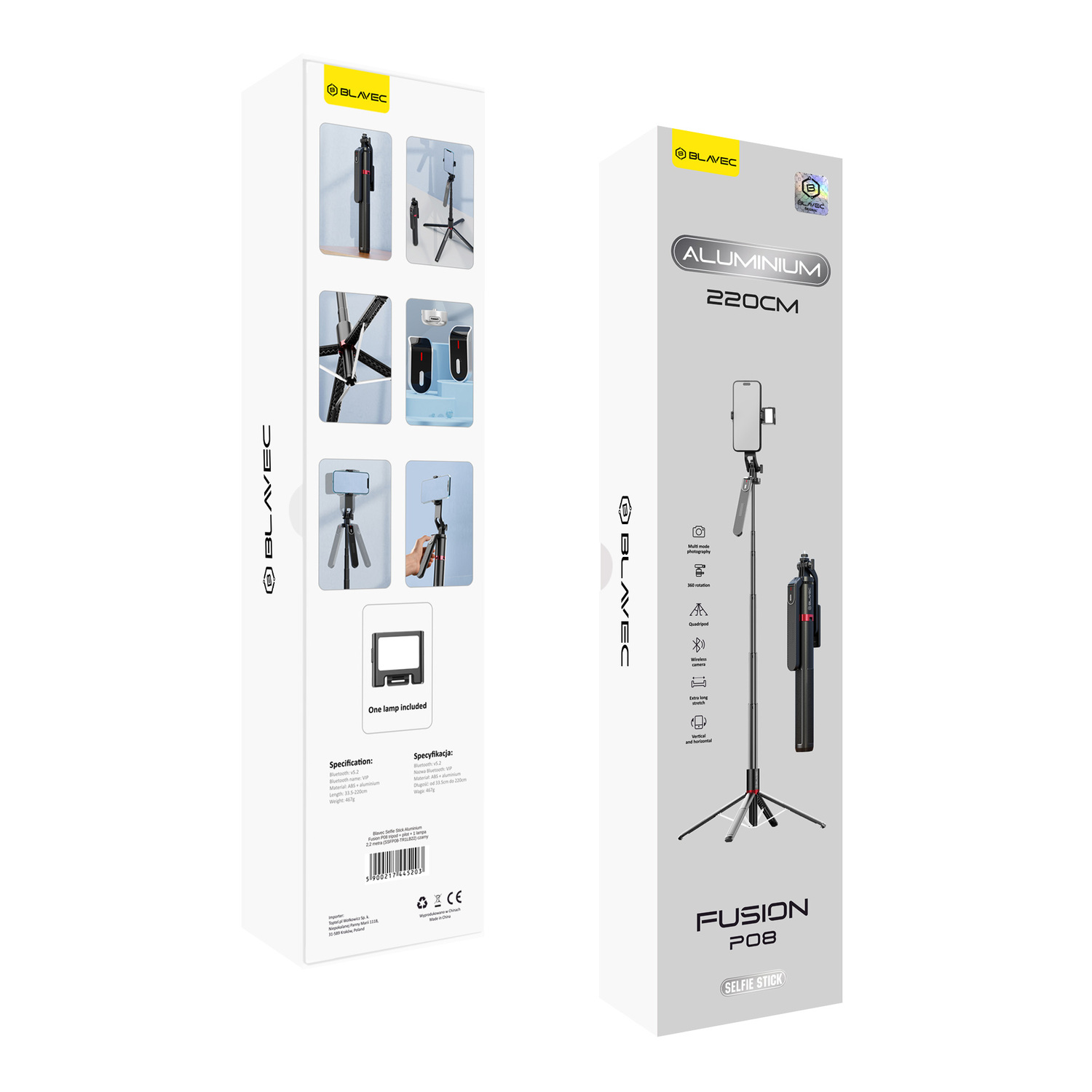 Blavec Selfie Stick Aluminium Fusion P-08 tripod + remote control + 1 lamp 2,2 metres (SSFP08-TR1LB22) must