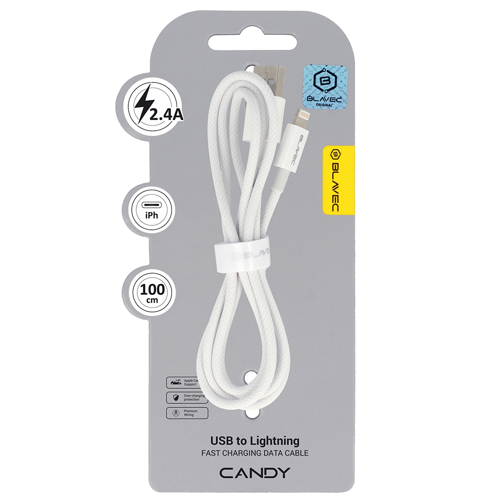 Blavec Kaabel Candy punutud - USB - Lightning - 2,4A 1 meeter Apple CarPlay (CCA-UL24W10) valge