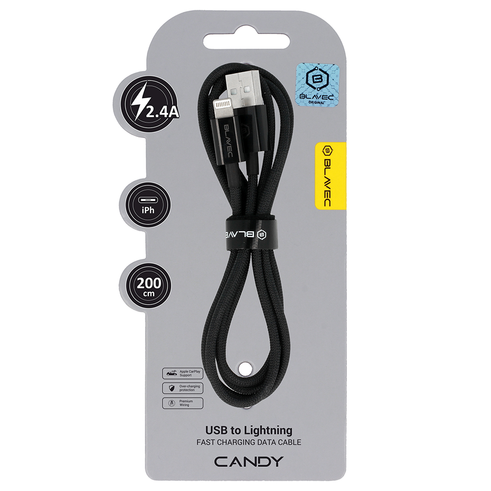 Blavec Kaabel Candy punutud - USB - Lightning - 2,4A 2 meetrit Apple CarPlay (CCA-UL24B20) must