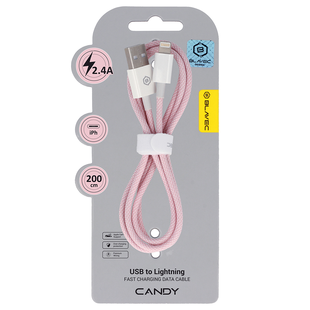 Blavec Kaabel Candy braided - USB to Lightning - 2,4A 2 metres Apple CarPlay (CCA-UL24P20) roosa