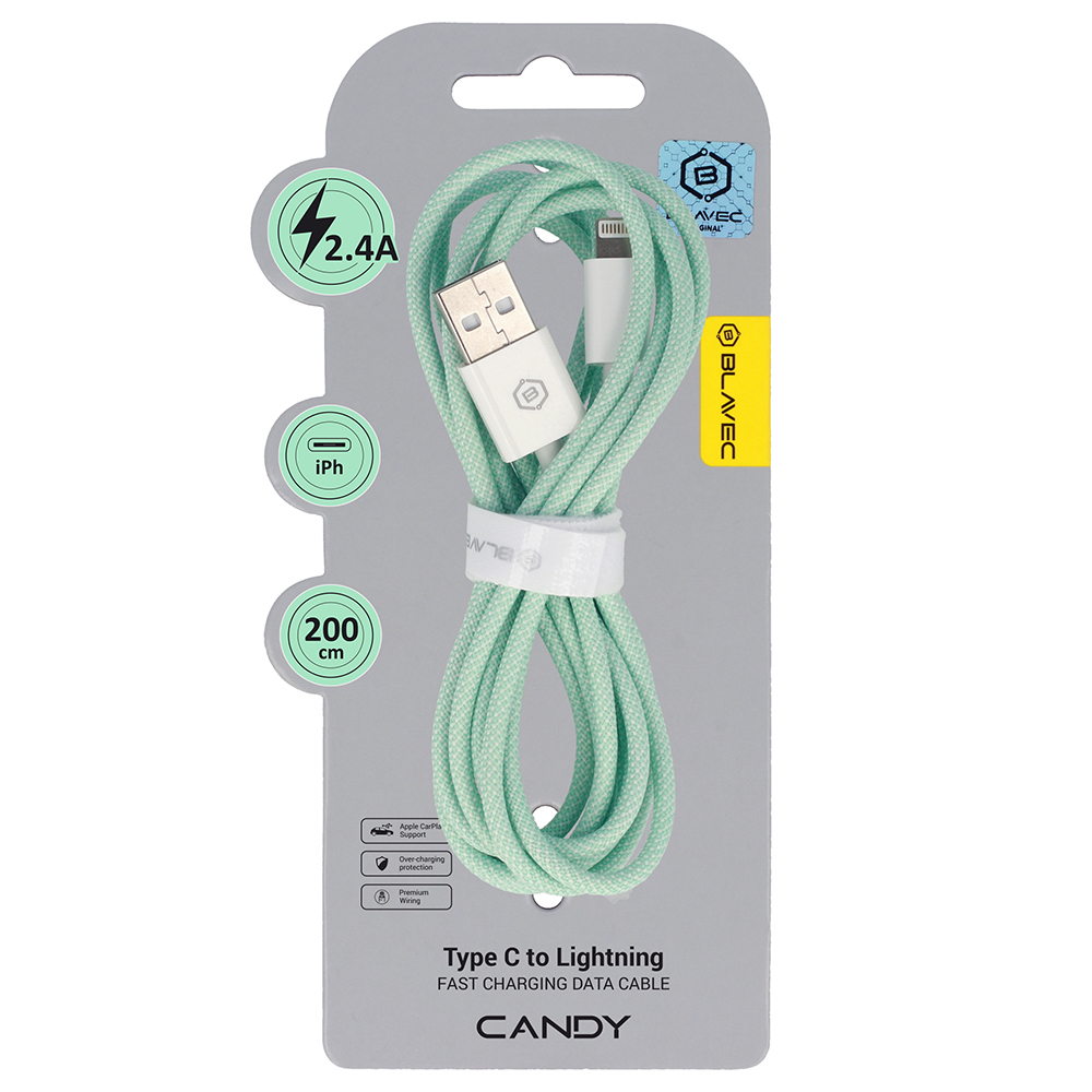 Blavec Kaabel Candy braided - USB to Lightning - 2,4A 2 metres Apple CarPlay (CCA-UL24GN20) roheline