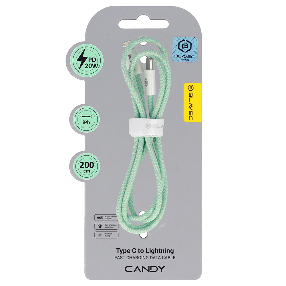Blavec Kaabel Candy braided - Type C to Lightning - PD 20W 2,4A 2 metres Apple CarPlay (CCA-CL24GN20) roheline