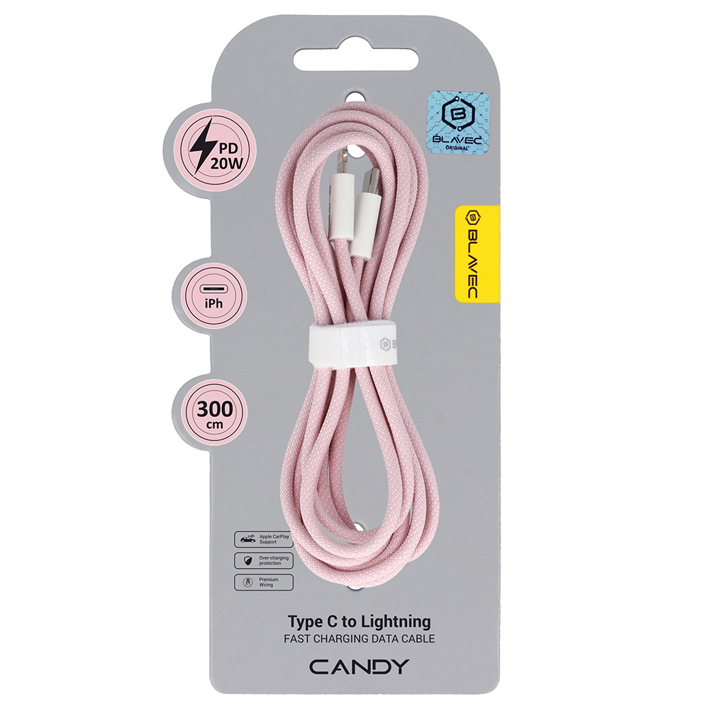 Blavec Kaabel Candy braided - Type C to Lightning - PD 20W 2,4A 3 metres Apple CarPlay (CCA-CL24P30) roosa