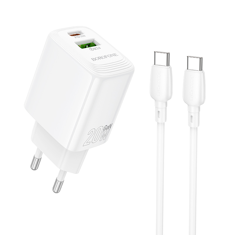 Laadija Borofone BN27 20W USB-C/USB-A + USB-C to USB-C kaabel 1.0m valge