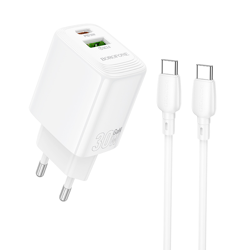 Laadija Borofone BN29 30W USB-C/USB-A + USB-C to USB-C kaabel 1.0m valge