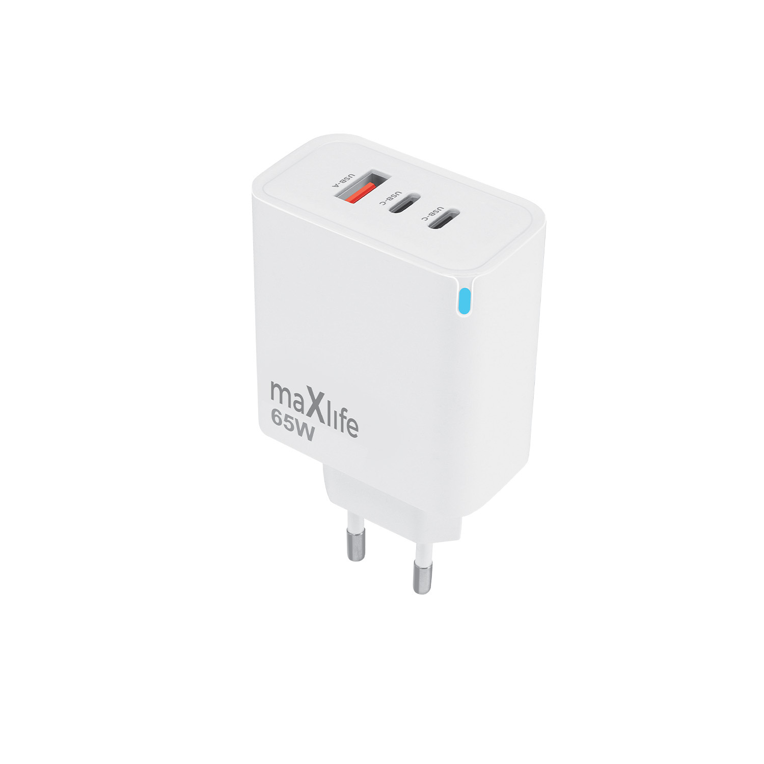 Maxlife MXTC-09-65ACC GaN PD QC laadija 2x USB-C 1x USB 65W valge