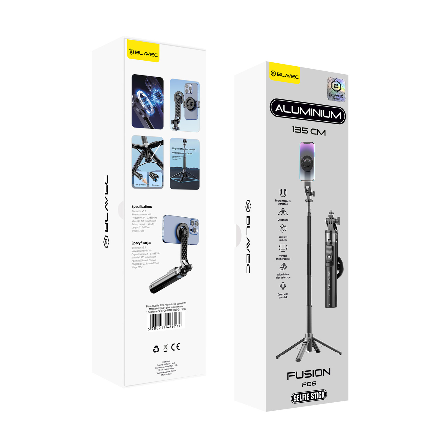 Blavec Selfie Stick Aluminium Fusion P-06 Magsafe tripod + remote control + hoidja 1,34 metres (SSFP06-MTRHB134) must