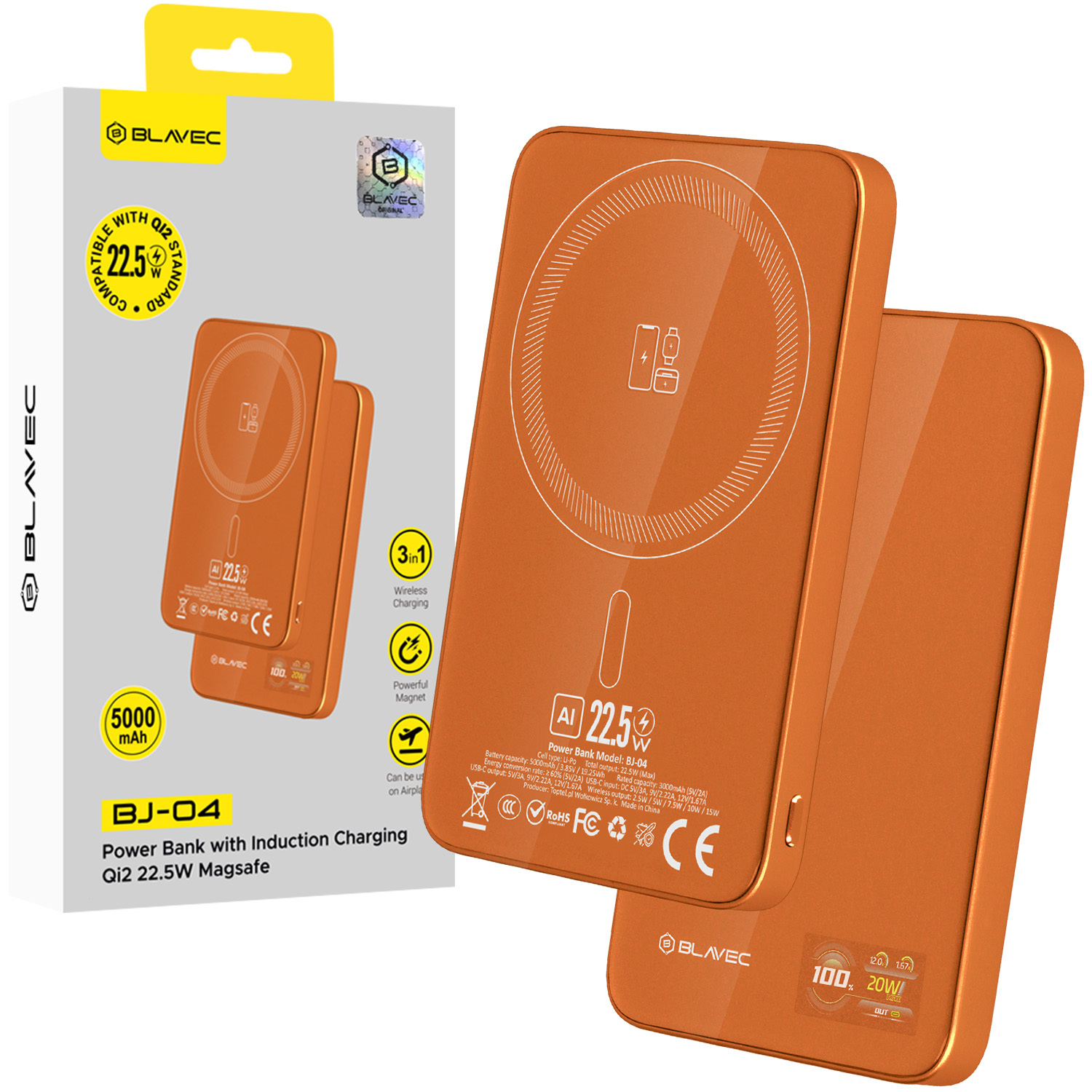 Blavec akupank 5000mAh BJ-04 ülieõhuke 7,8mm - Type C - 22,5W magnetiline Magsafe 3 in 1 (PBBJ04-MC5O) oranž klaas