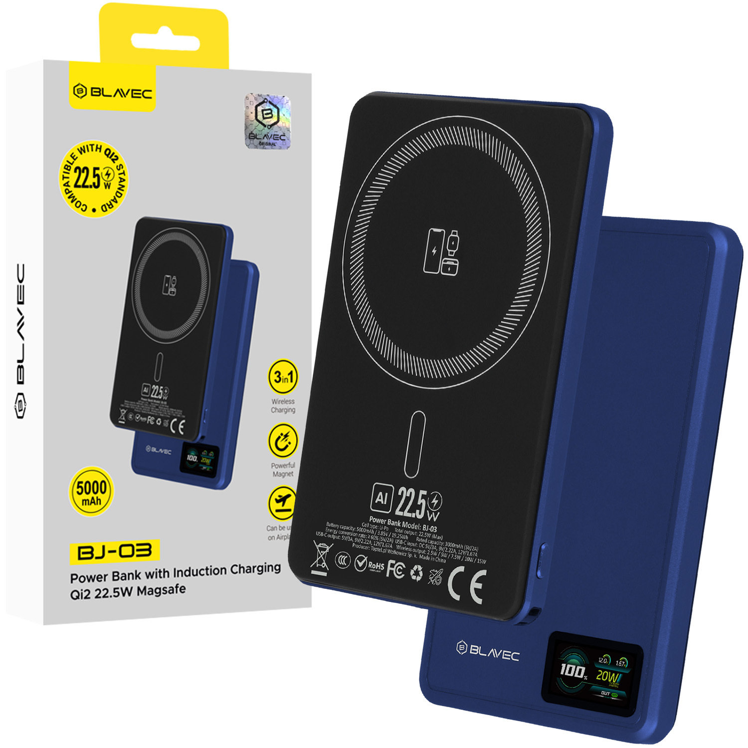Blavec BJ-03 akupank 5000mAh ülieõhuke 7,8 mm Type-C 22,5W magnetiline MagSafe 3-in-1 tumesinine alumiinium