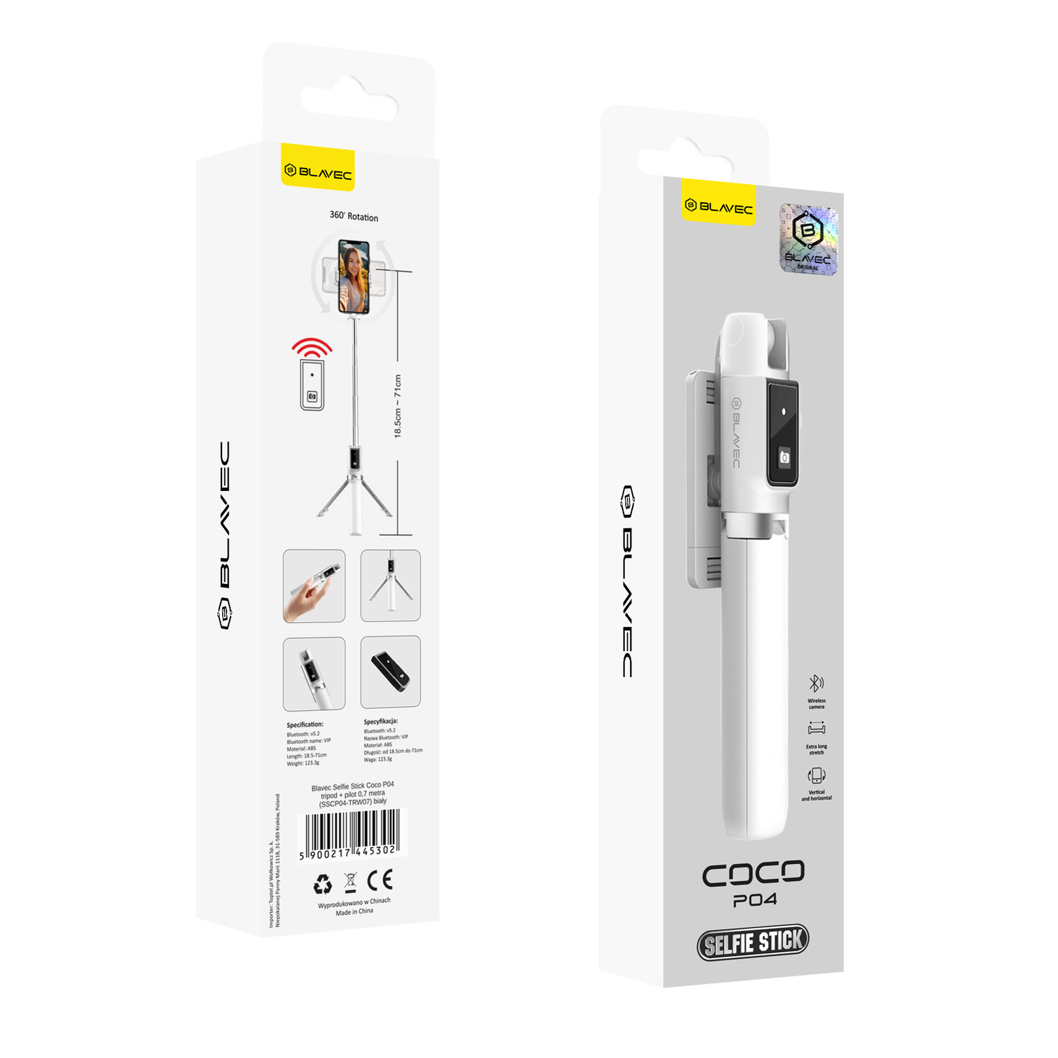 Blavec Selfie Stick Coco P-04 tripod + remote control 0,7 metres (SSCP04-TRW07) white