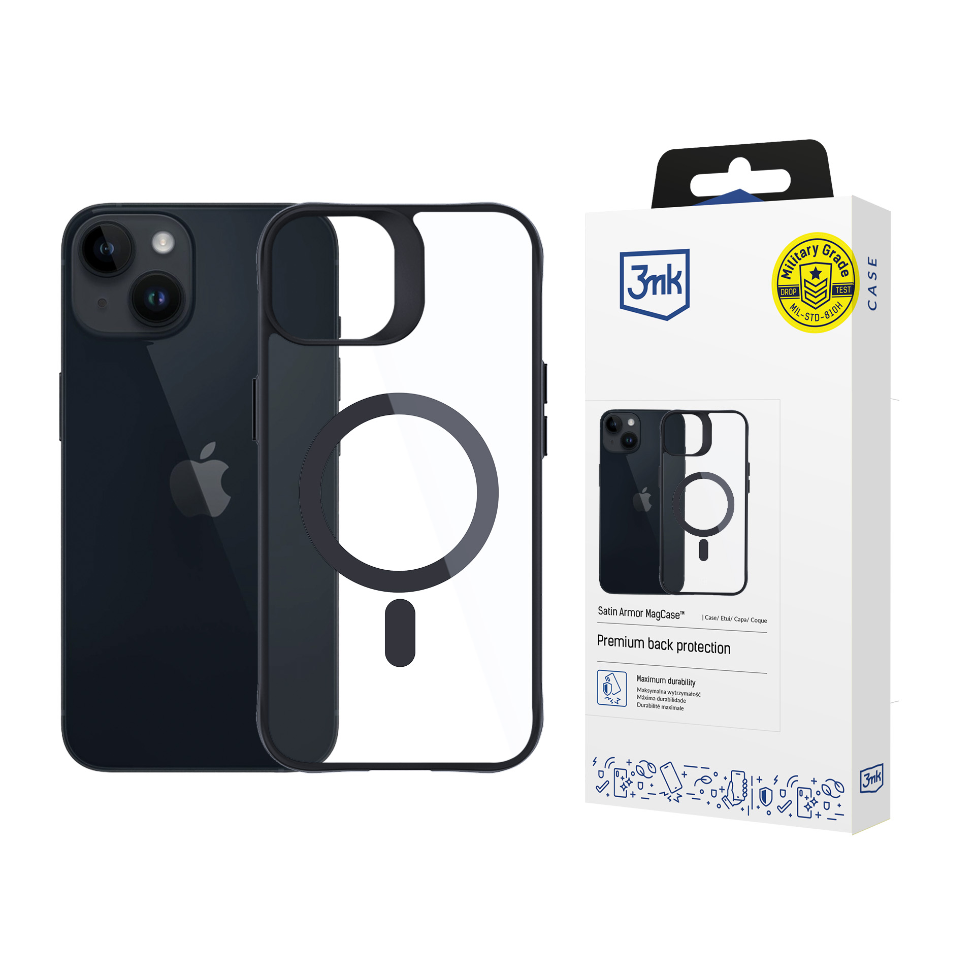 3mk Satin Armor MagCase with MagSafe jaoks iPhone 13 / 14 - läbipaistev with must Frame