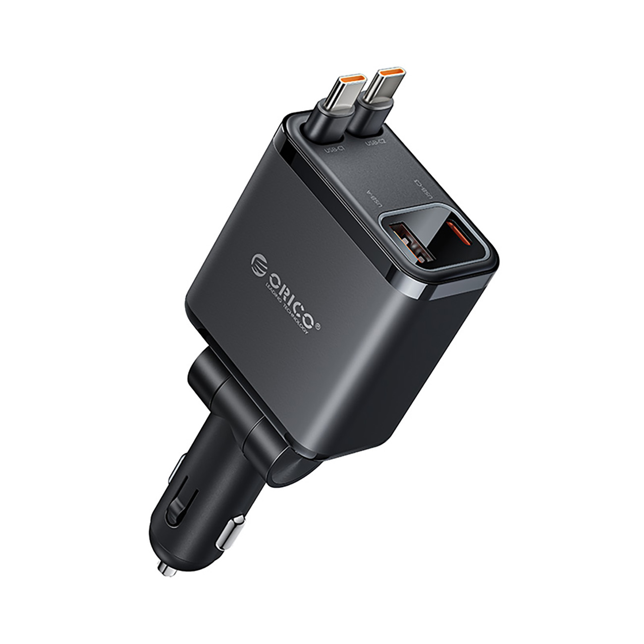 Orico Twin Reach 45W USB-A + USB-C autolaadija kahe sissetõmmatava USB-C kaabliga - must