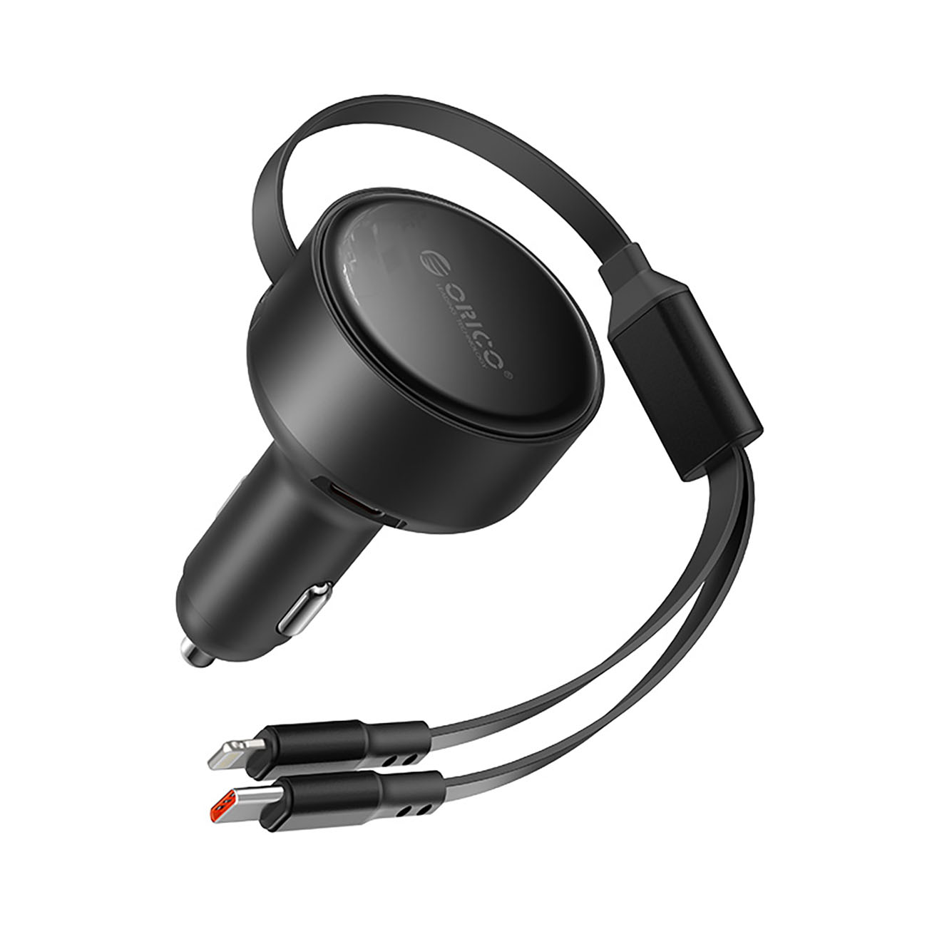 Orico Dual Stretch 60W USB-C autolaadija kahe sissetõmmatava USB-C + Lightning kaabliga - must
