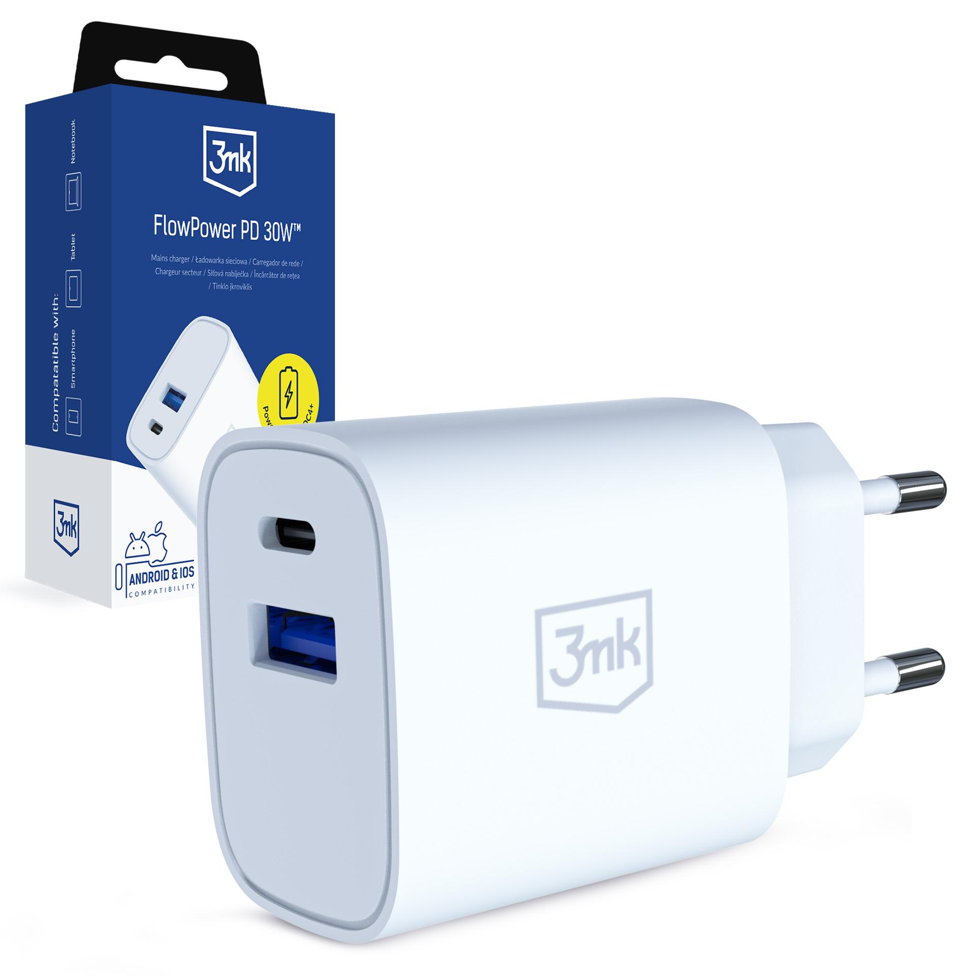 3mk FlowPower 30W 1A1C PD 3.0 QC4+ seinalaadija - valge