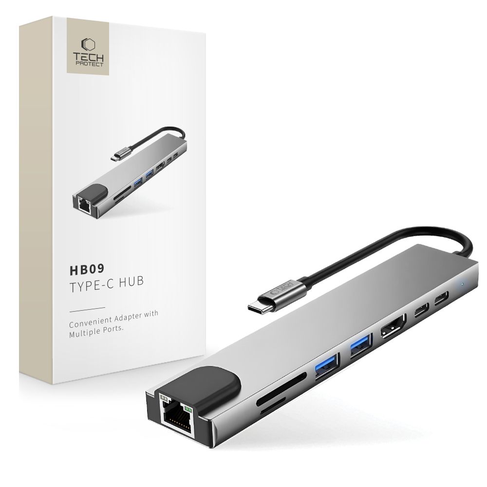 Tech-Protect HB09 USB jaotur 8in1 TYPE-C + USB-A 3.0 + USB-C 3.0 + HDMI 4K 60HZ + SD/TF + PD100W + RJ45 1000 MB/S - hall