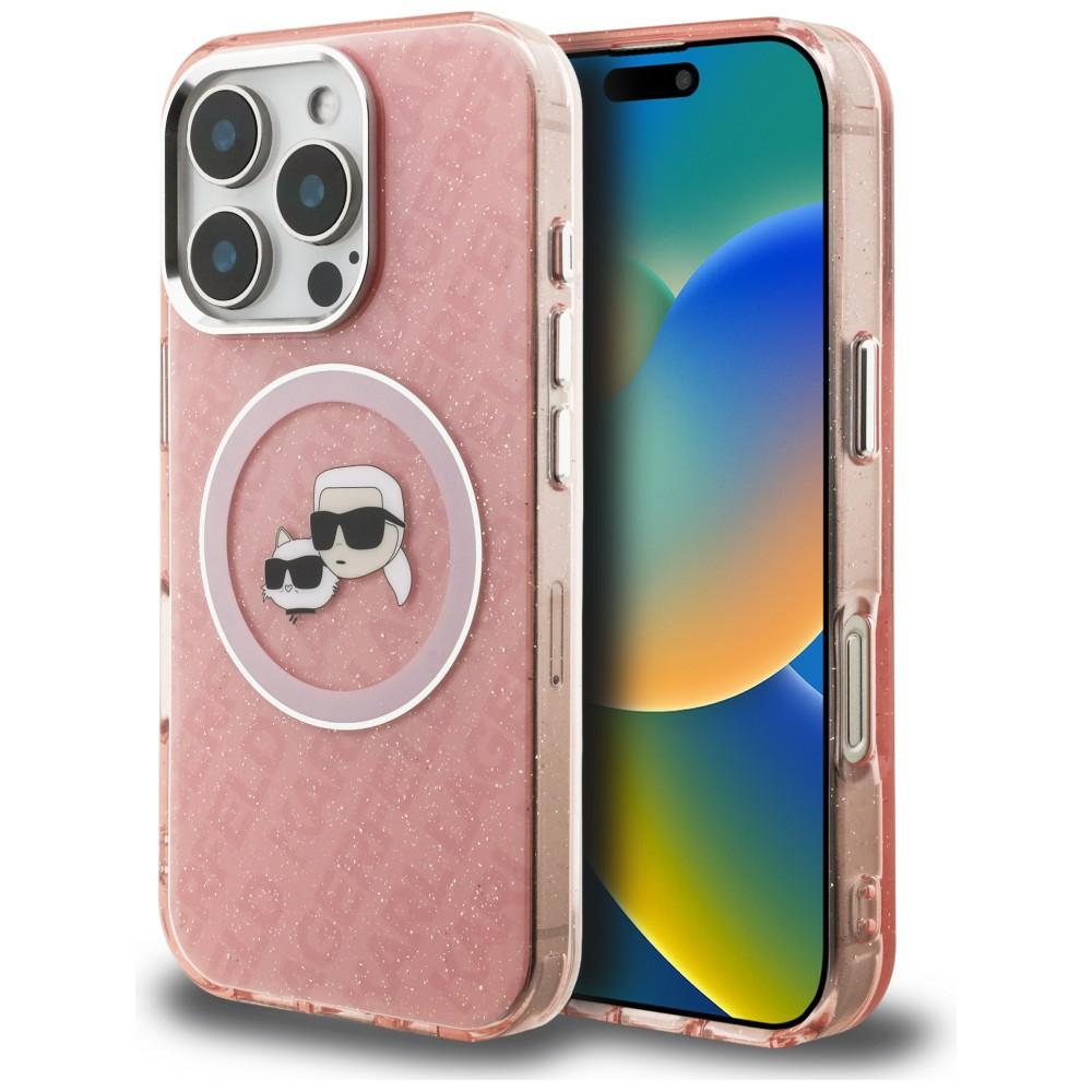 Karl Lagerfeld IML Glitter Karl & Choupette Heads Logo MagSafe чехол iPhone 16 Pro - розовый