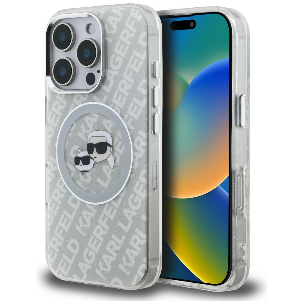 Karl Lagerfeld IML Glitter Karl & Choupette Heads Logo MagSafe чехол iPhone 16 Pro - серый