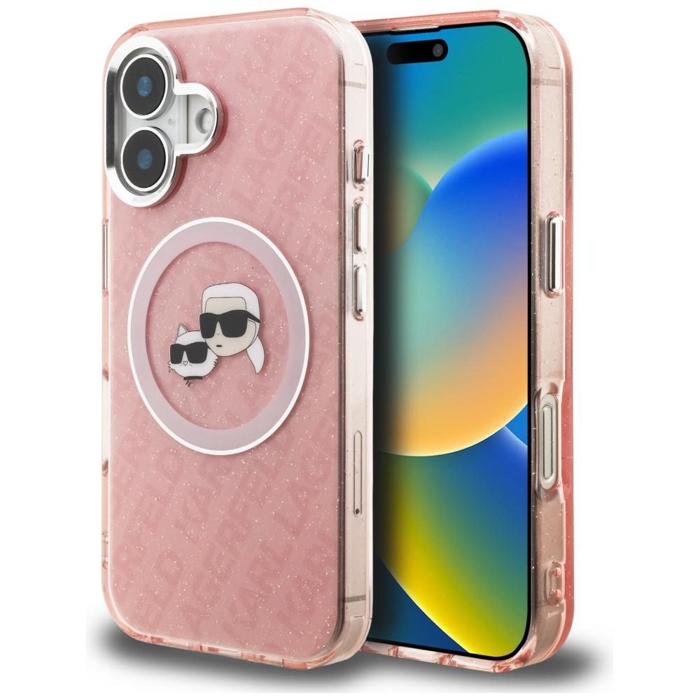 Karl Lagerfeld IML Glitter Karl & Choupette Heads Logo MagSafe iPhone 16 Case - Pink