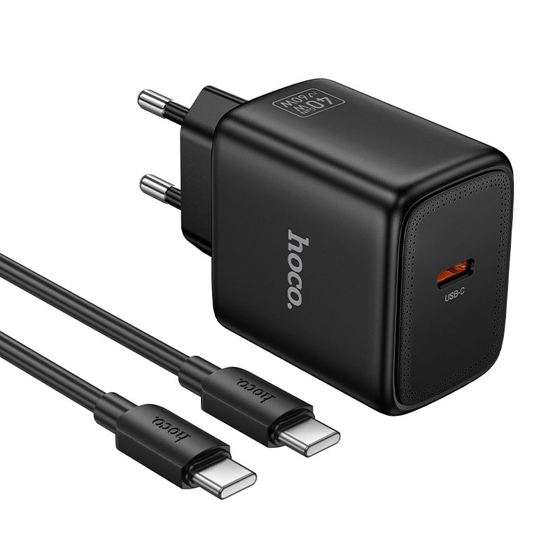 GaN зарядное устройство для телефона Hoco USB C PD AVS 40W max 60W с кабелем USB C на USB C N83 черное