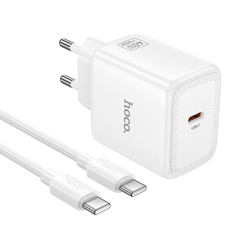 GaN зарядное устройство для телефона Hoco USB C PD AVS 40W max 60W с кабелем USB C на USB C N83 белое
