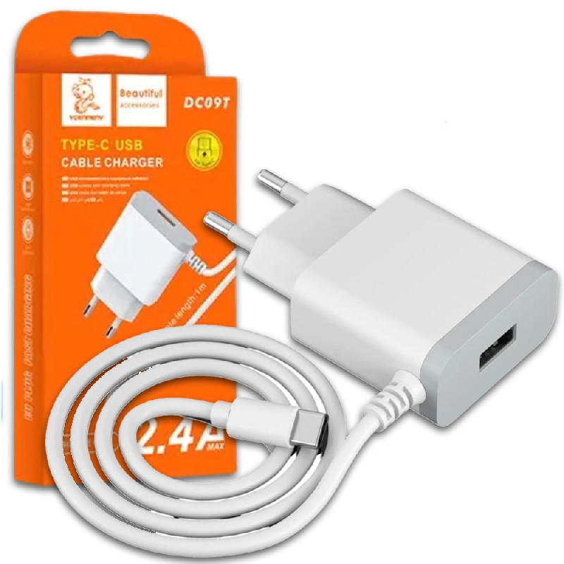 Зарядное устройство Denmen (DC09T-W) + кабель Type-C (1xUSB 2.4A) белый