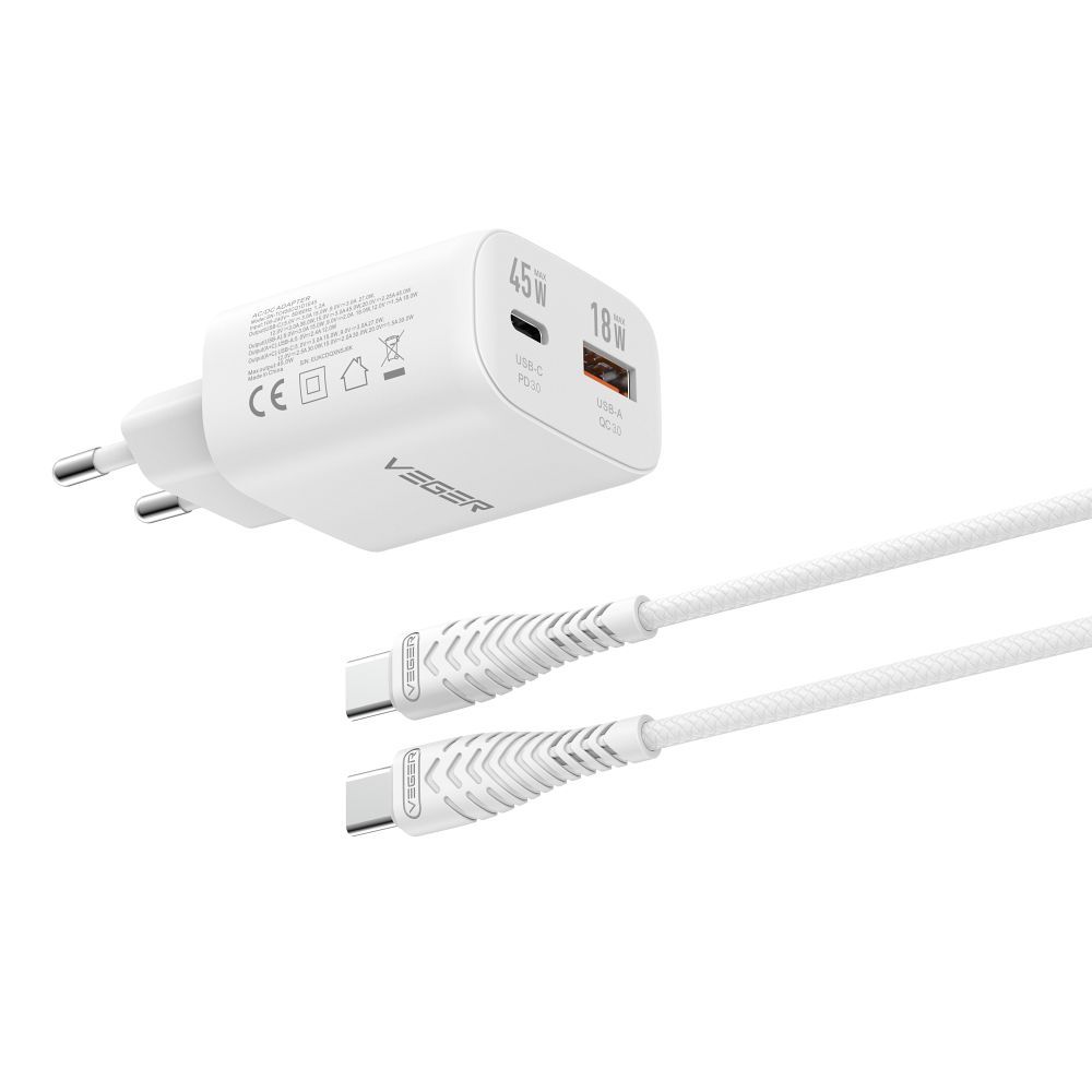 Зарядное устройство для телефона VEGER USB A + Type C PD Super Charge PPS 45W + кабель данных Type C к C 100W TR101 белый