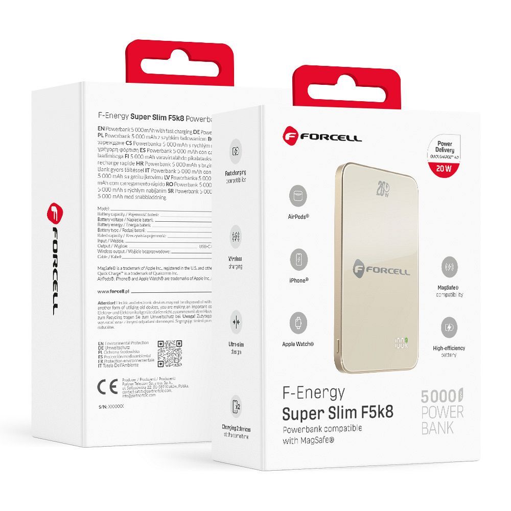 Powerbank compatible with MagSafe Forcell F-Energy SuperSlim F5K8 QC4.0 PD3.0 15W 5000 mAh titanium desert