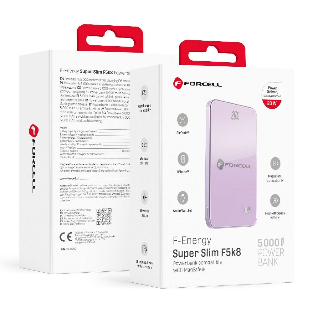 MagSafe-ühilduv akupank Forcell F-Energy SuperSlim F5K8 QC4.0 PD3.0 15W 5000 mAh lilla