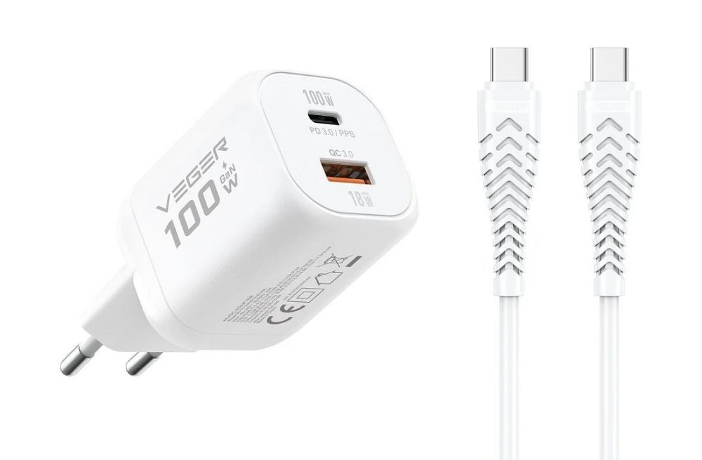 Зарядное устройство для телефона VEGER USB A + Type C PD Super Charge PPS 100W + кабель данных Type C к C 240W TR150 белый