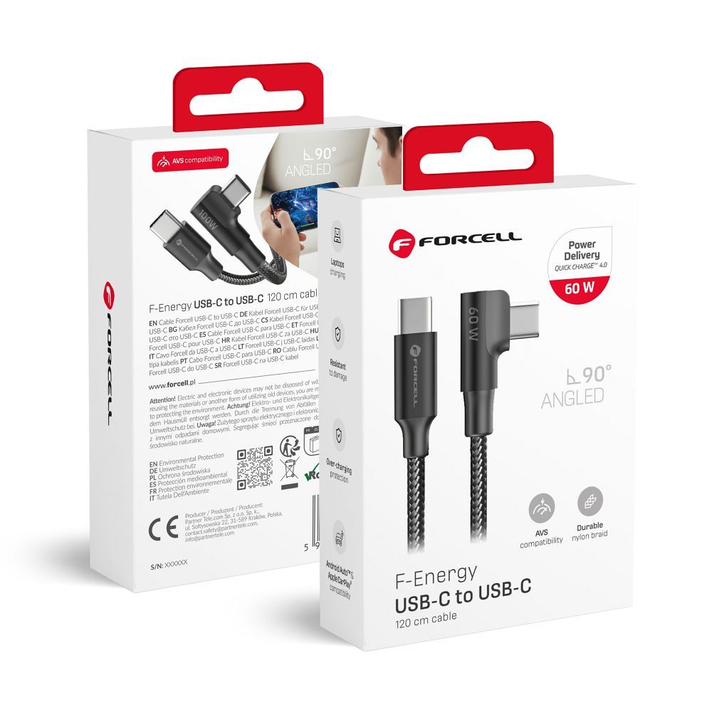 Cable USB C to USB C Forcell F-Energy QC4.0 PD 3A 60W Cafule 90° 1,2 m CC-1Deg black