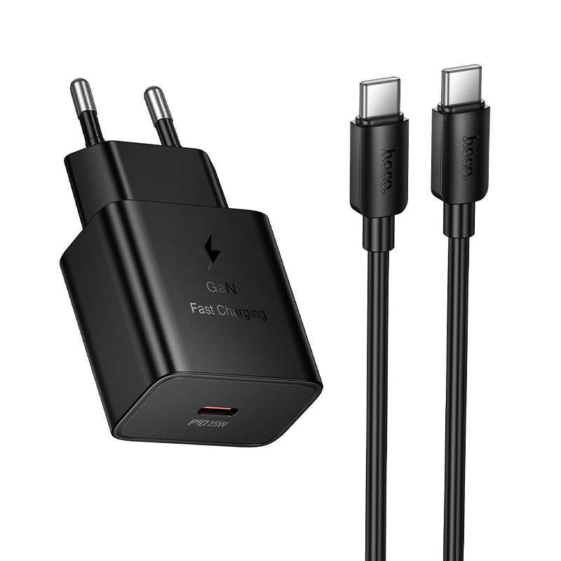 Зарядное устройство для телефона Hoco USB C QC PD 25W + кабель USB C на USB C N76 черное